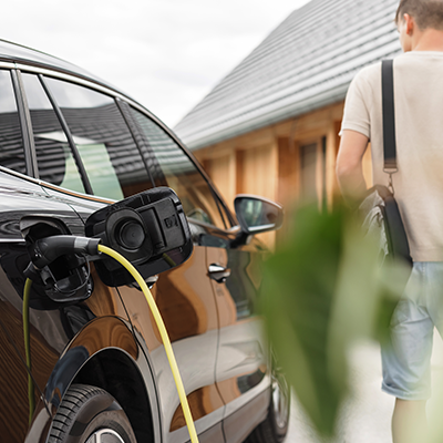 Home EV charger in use on a driveway.